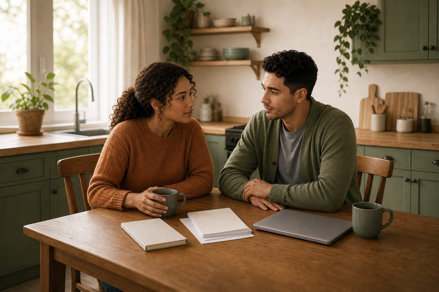 A couple sitting together at a kitchen table with a credit card statement, notebook, and laptop between them, reflecting quiet financial tension shifting toward teamwork.