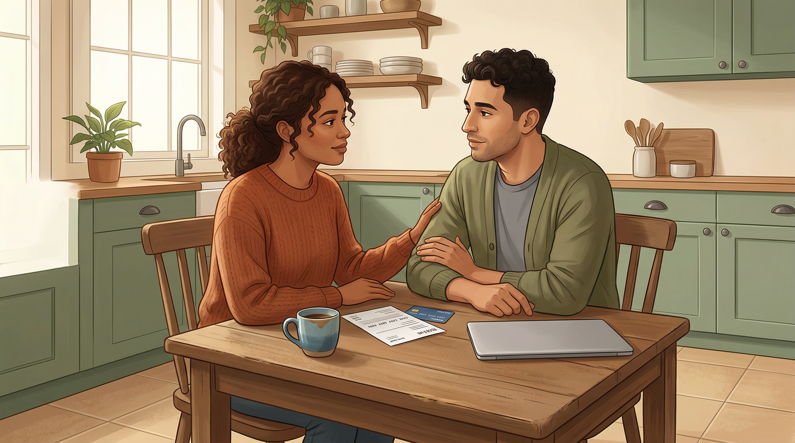 A couple sitting together at a kitchen table with a credit card statement, notebook, and laptop between them, reflecting quiet financial tension shifting toward teamwork.