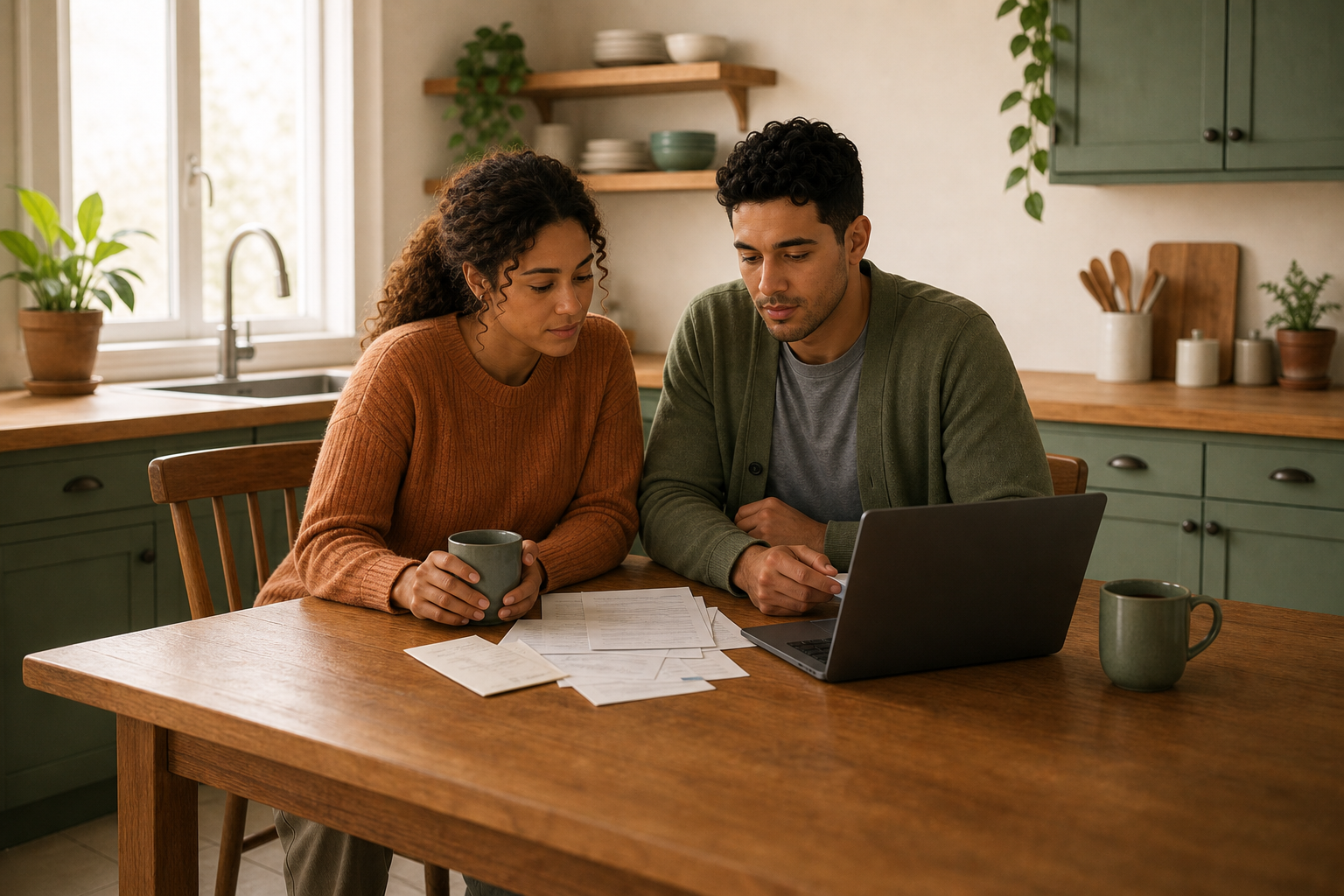 A couple sitting side by side at a kitchen table with a laptop and credit card statements between them, quiet and reflective, in soft natural light.