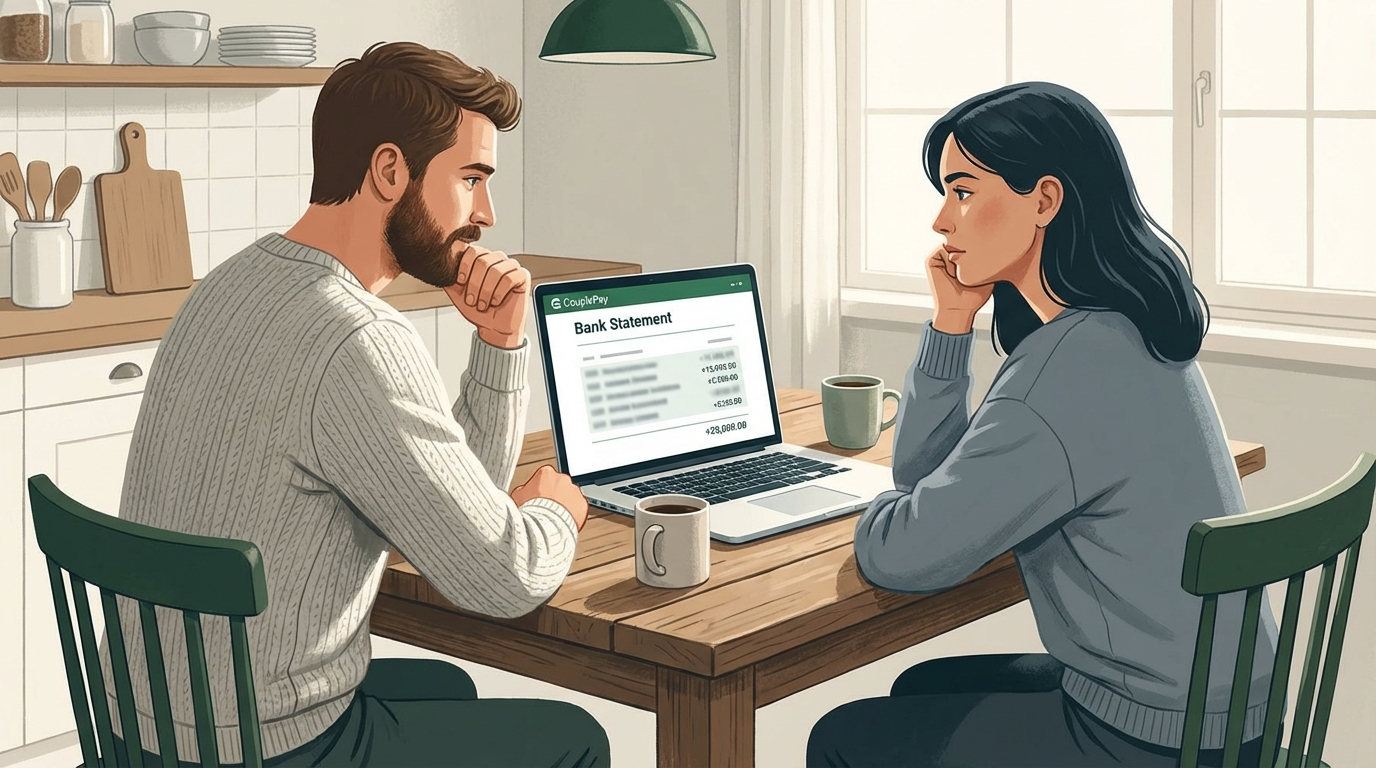 A couple sitting side by side at a kitchen table with a laptop and credit card statements between them, quiet and reflective, in soft natural light.