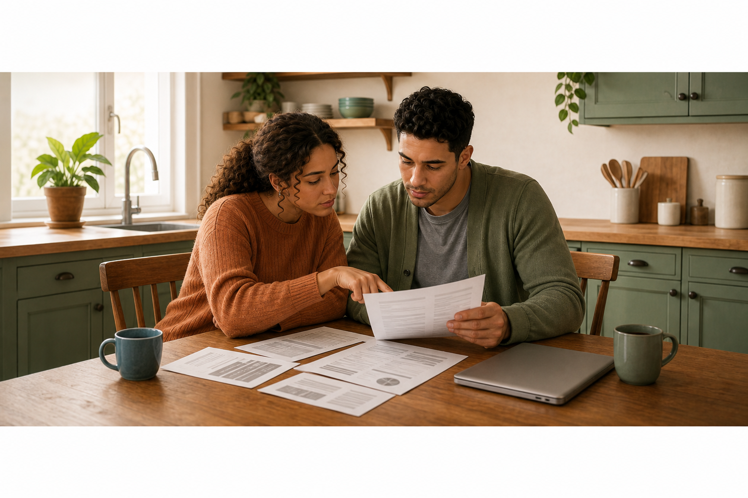A couple reviewing credit card statements together at a kitchen table with a laptop and coffee, reflecting concern and focus.