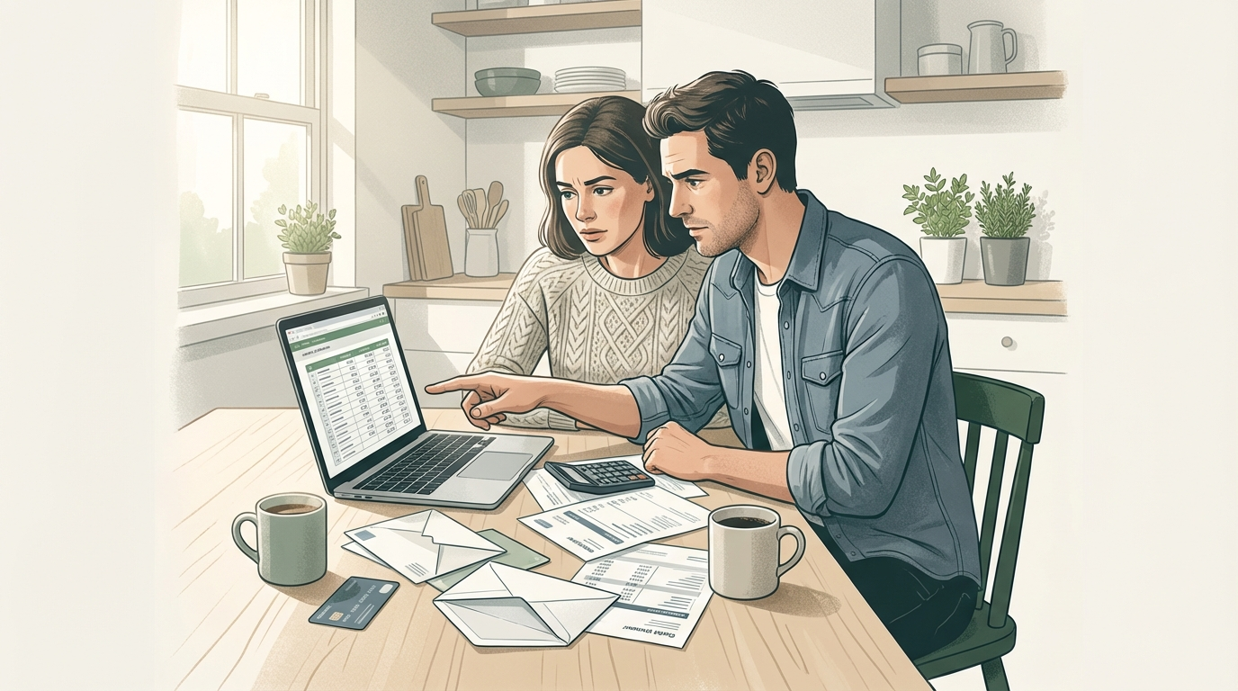 A couple reviewing credit card statements together at a kitchen table with a laptop and coffee, reflecting concern and focus.