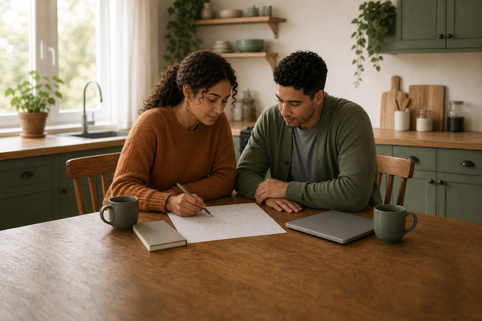 A couple sitting together at a kitchen table reviewing a handwritten debt payoff plan on paper, closed laptop to the side, natural light, calm and focused.