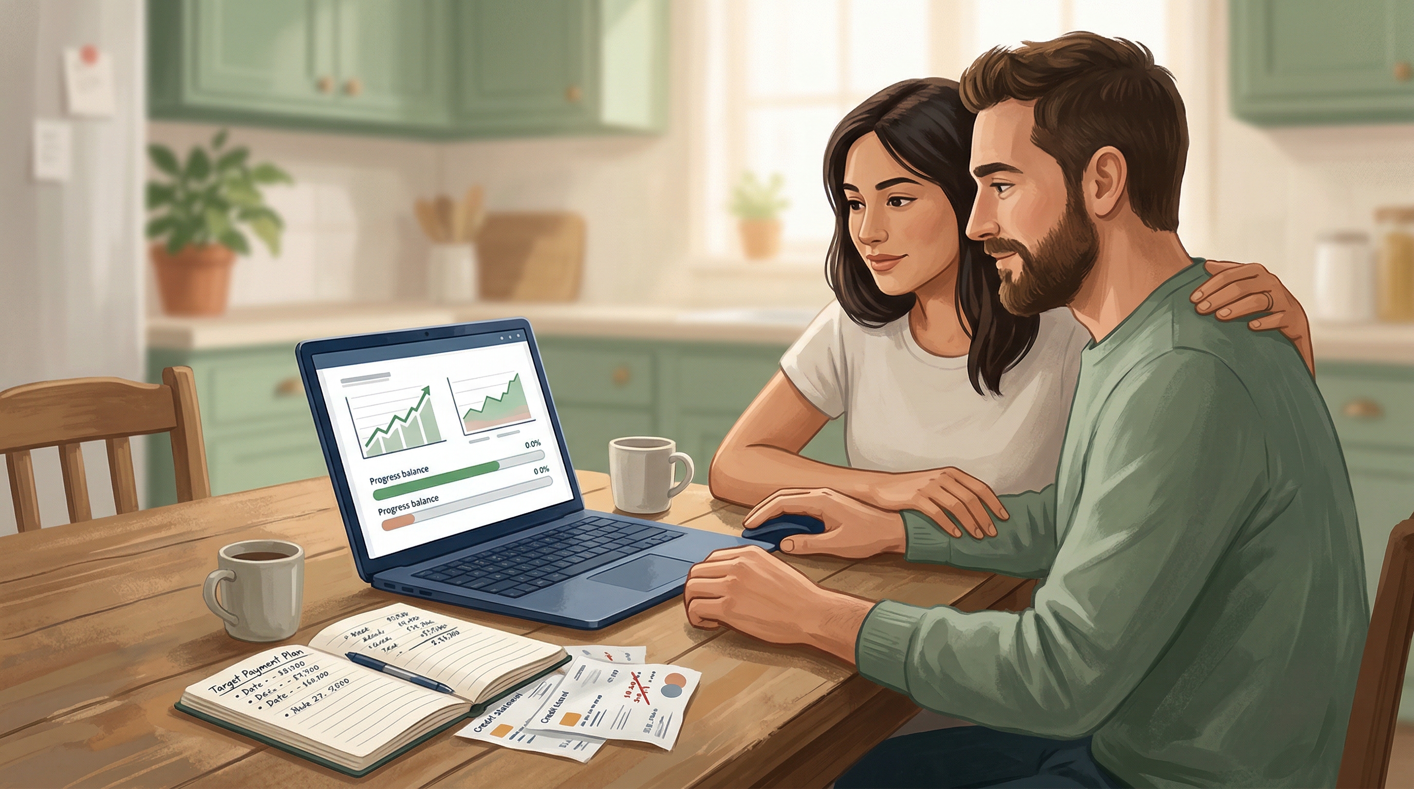 A couple sitting together at a kitchen table looking at a shared laptop screen showing a simple debt payoff chart, natural light, calm and focused.