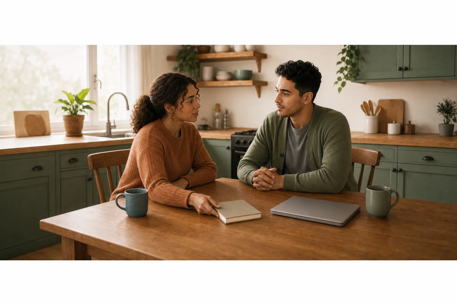 A couple at a kitchen table with a notebook of conversation prompts between them, one partner listening attentively as they prepare to talk about money together.