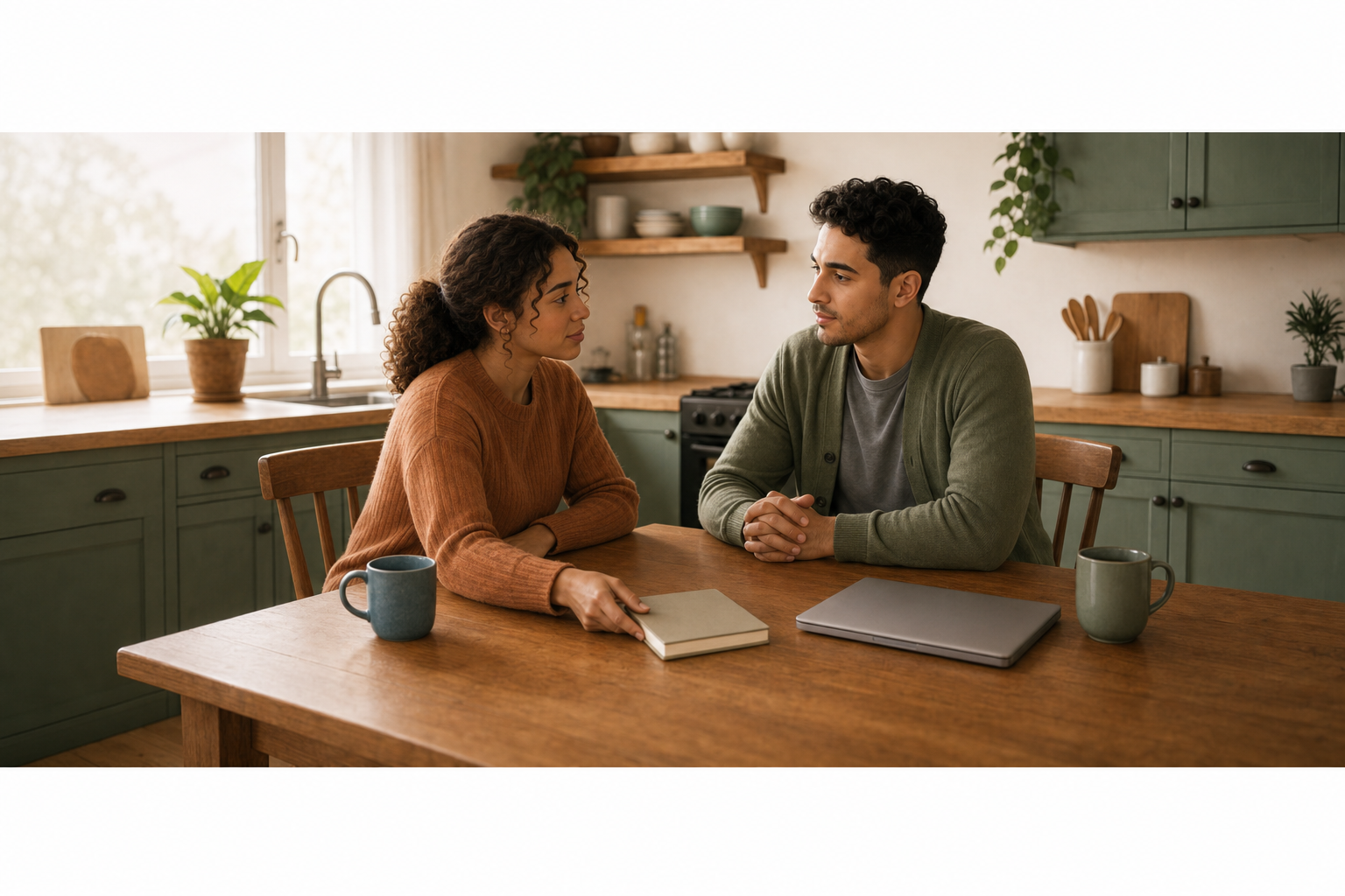 A couple at a kitchen table with a notebook of conversation prompts between them, one partner listening attentively as they prepare to talk about money together.