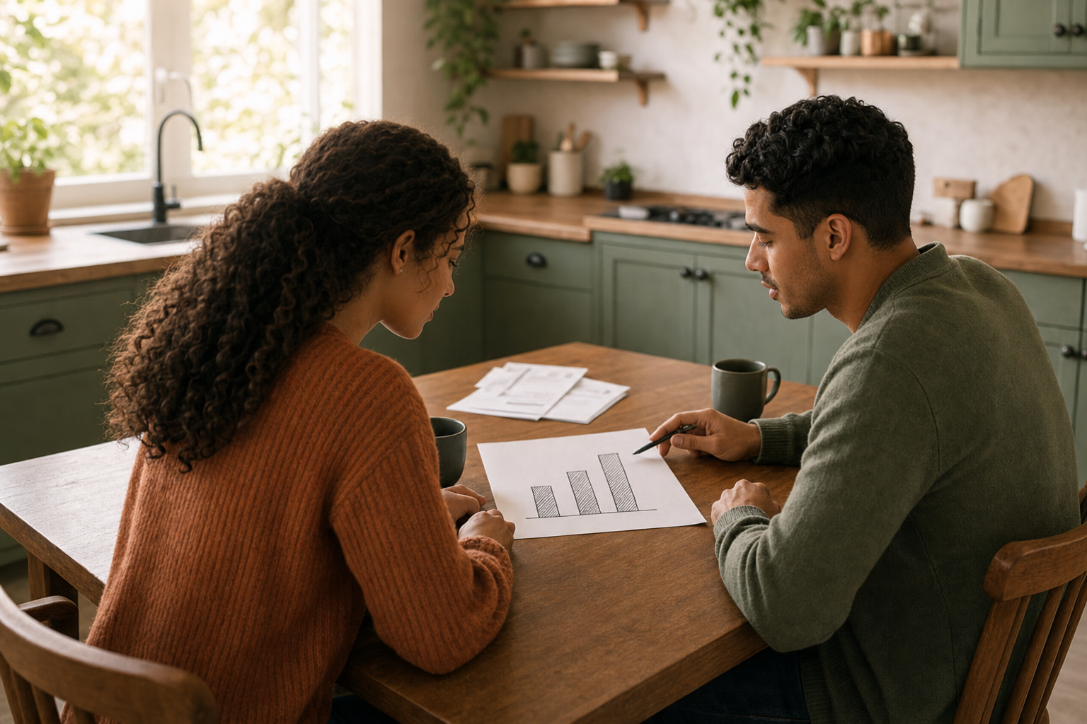 A couple at a kitchen table leaning in together over a handwritten proportional split diagram, negotiating a fair debt payoff plan with calm focus.