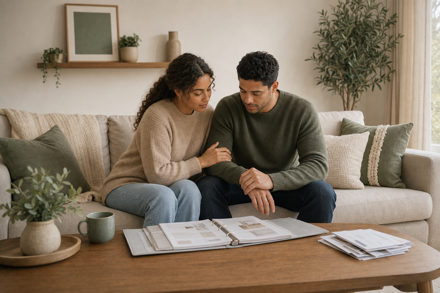 A couple on a living room couch with a wedding planning binder and credit card statements on the coffee table, having a calm premarital conversation about debt.