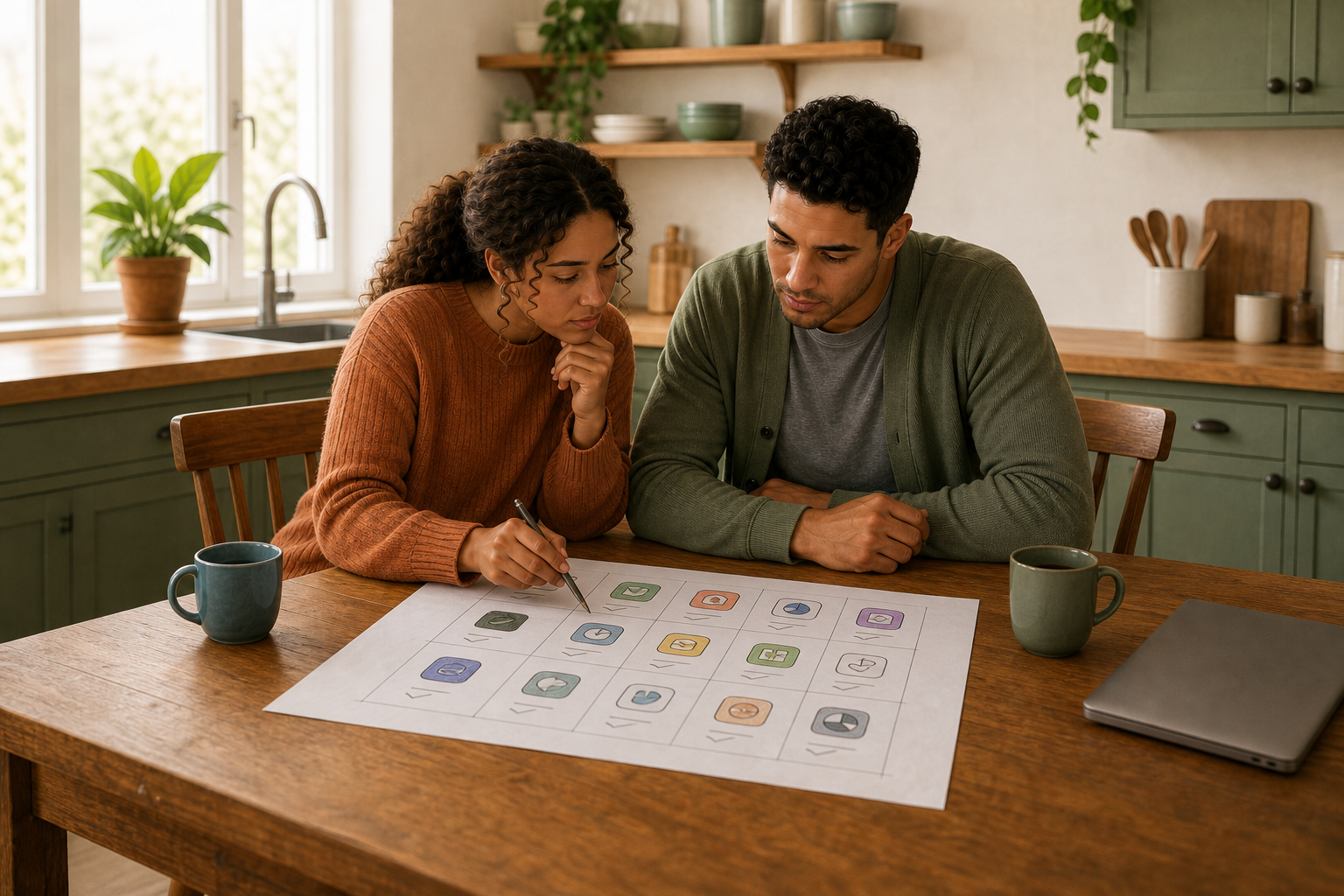 A couple at a kitchen table comparing a few finance apps on a laptop and phone side by side, weighing options together.
