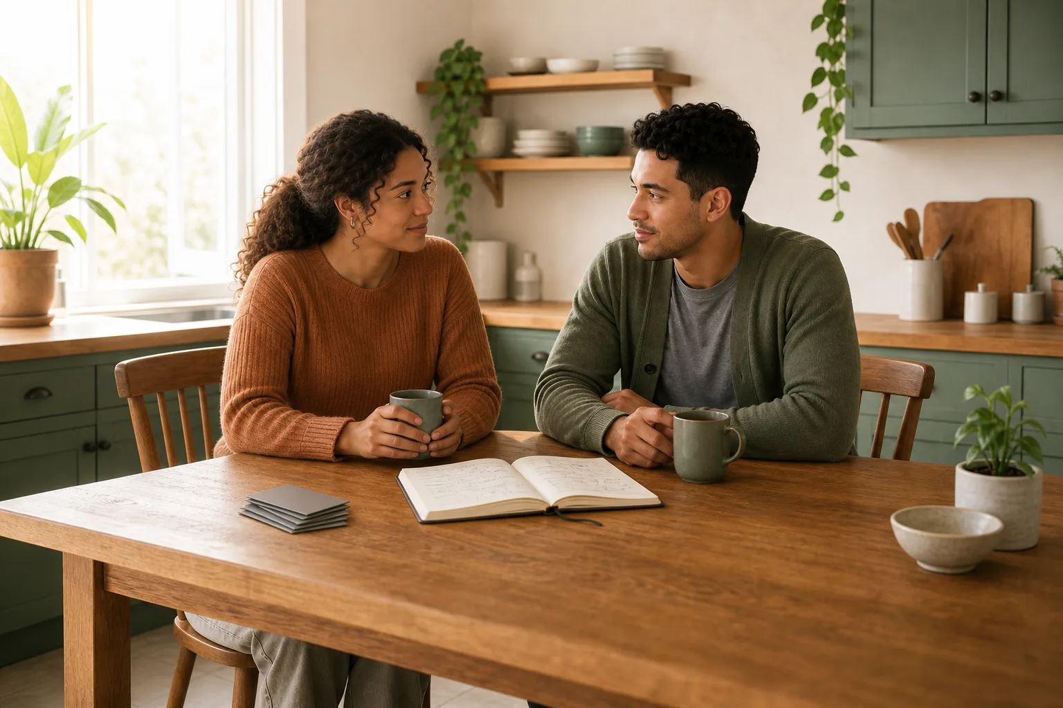A couple in a bright kitchen looking at a laptop showing a zero balance, a small quiet moment of relief and possibility.