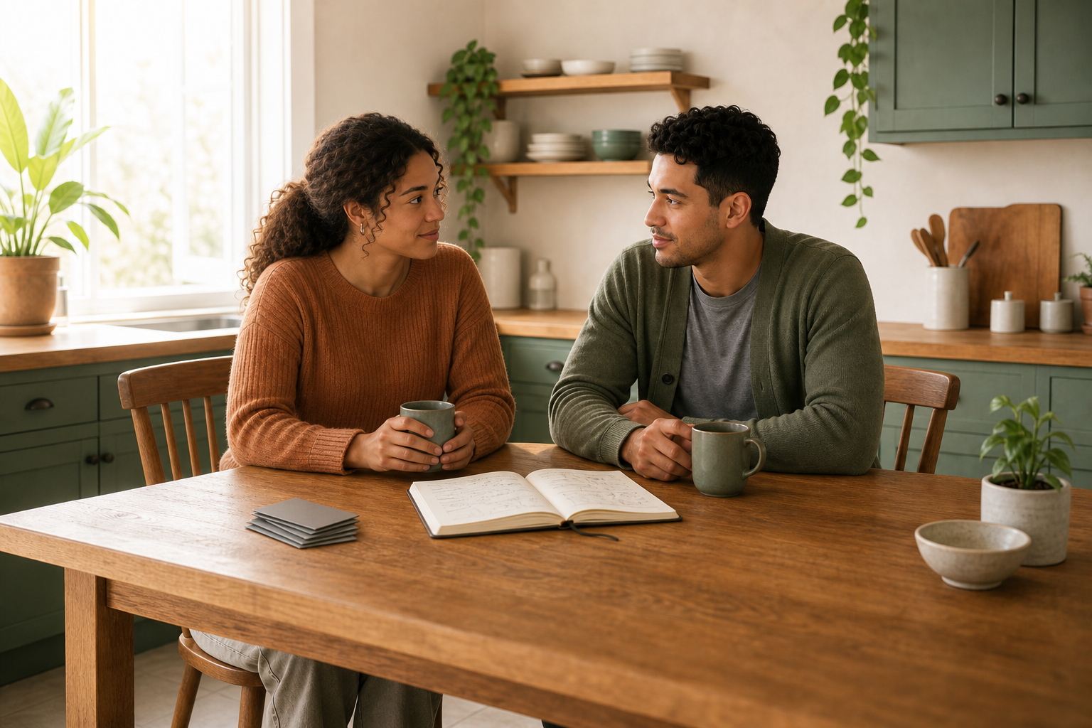 A couple in a bright kitchen looking at a laptop showing a zero balance, a small quiet moment of relief and possibility.