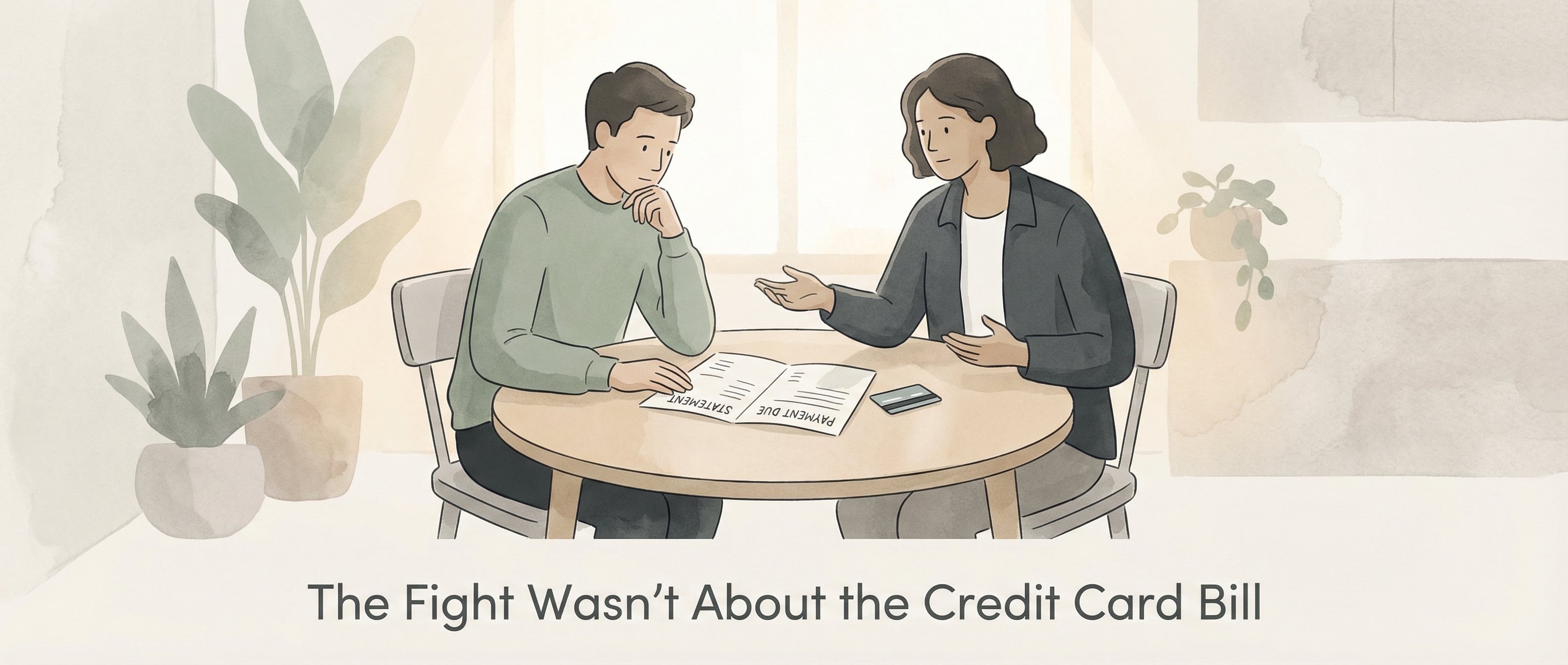 Editorial image of a couple at a table with a credit card statement between them, capturing financial stress shifting toward teamwork.
